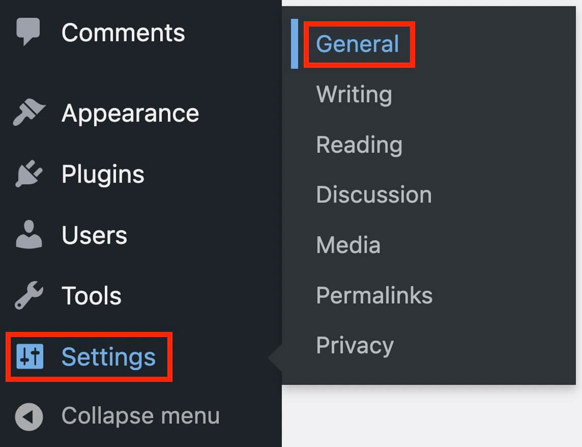 WordPress管理画面：『Settings』の『General』をクリック