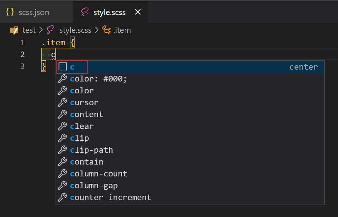 VSCodeで『c』と入力（スニペット登録後）