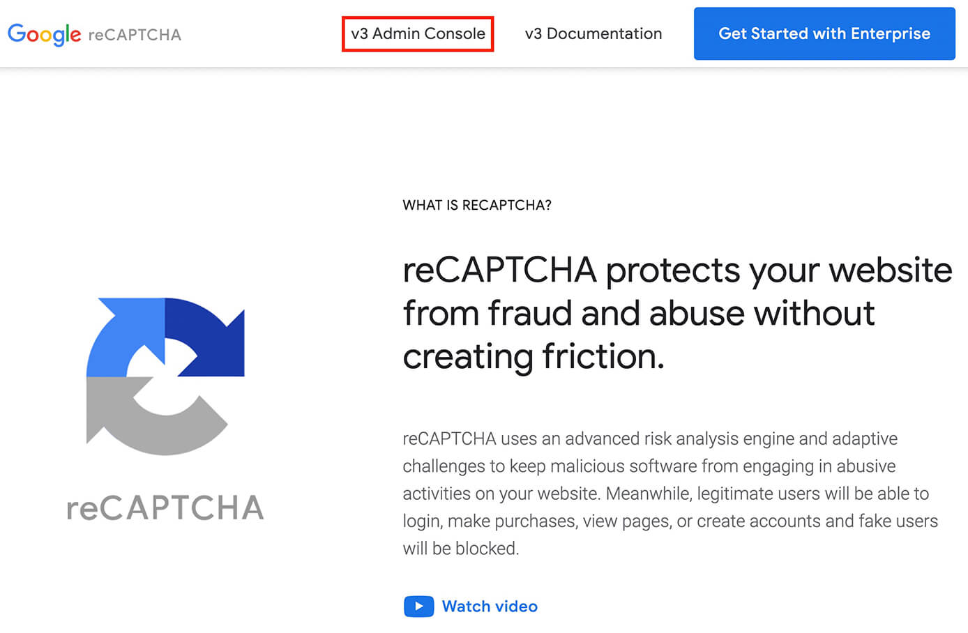 reCAPTCHA：『v3 Admin Console』クリック