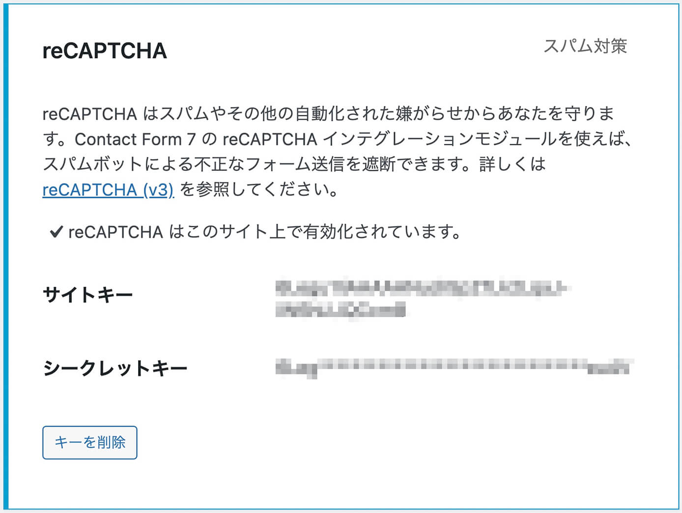 Contact Form 7：reCAPTCHAのキーを削除