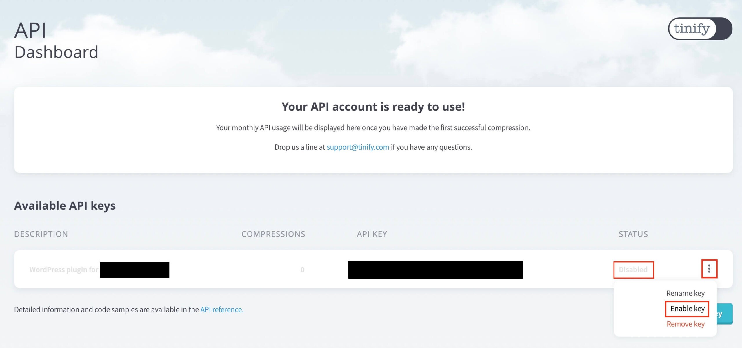 API Dashboard：『Enable key』をクリック