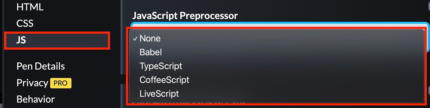 CodePen：JavaScript Preprocessor