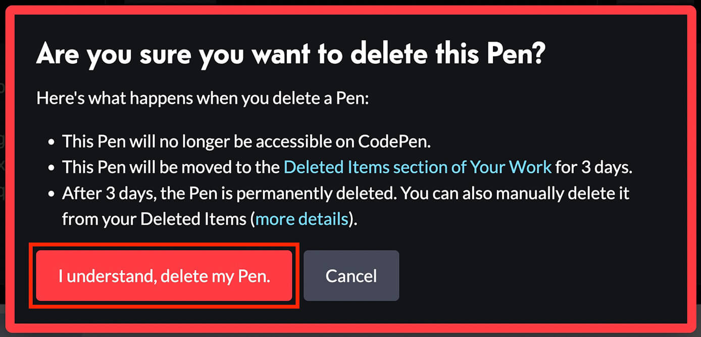 CodePen：『I understand, delete my Pen』で削除