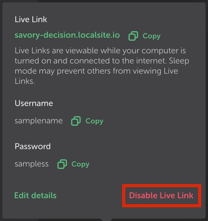 Local：『Disable Live Link』をクリックすると共有終了
