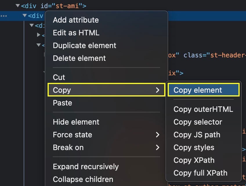 要素の上で右クリック → Copy → Copy element