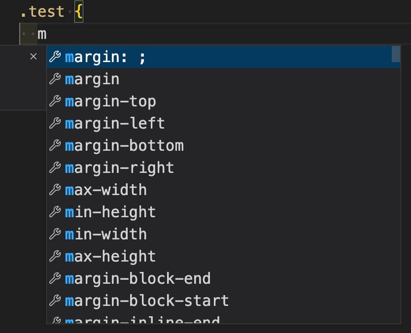  Emmet：CSSで『m』と入力した時に表示される候補