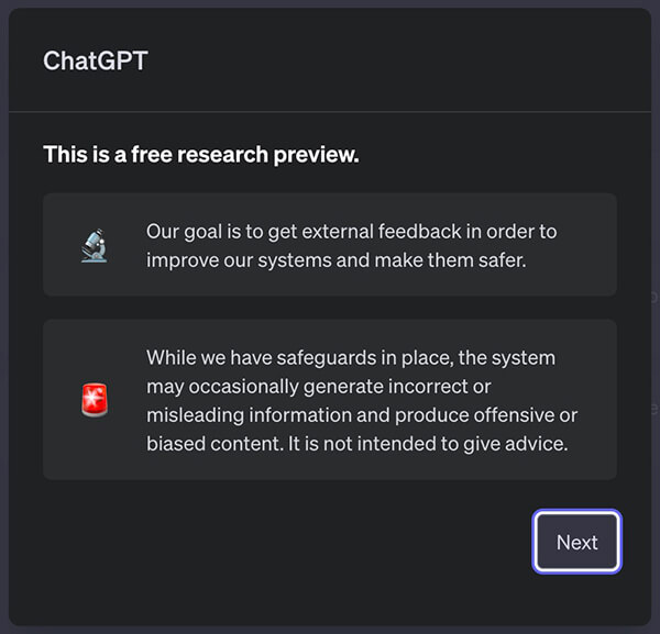 ChatGPT公式サイト：Nextをクリック
