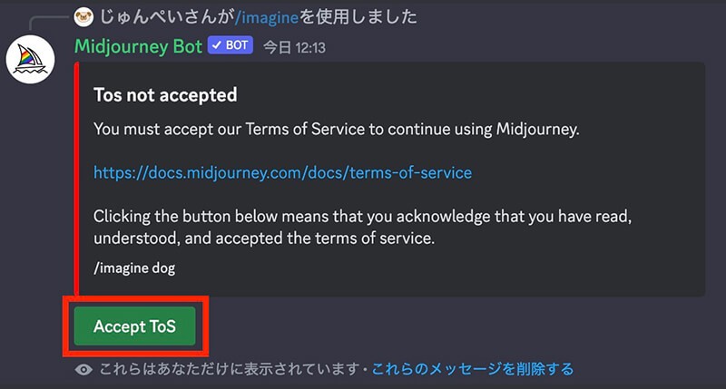 Midjourney：Accept ToSをクリック
