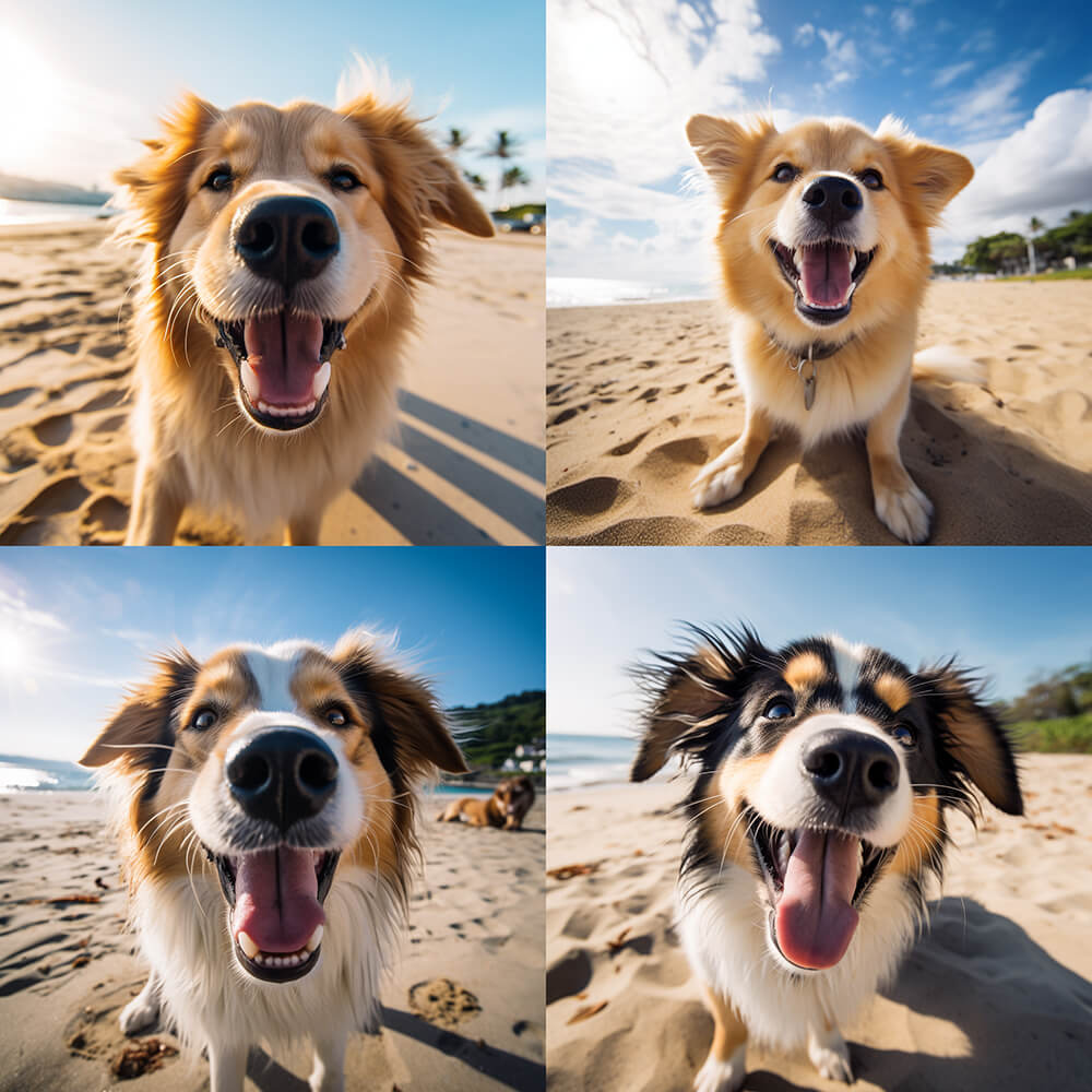 Midjourney：ビーチで笑う犬