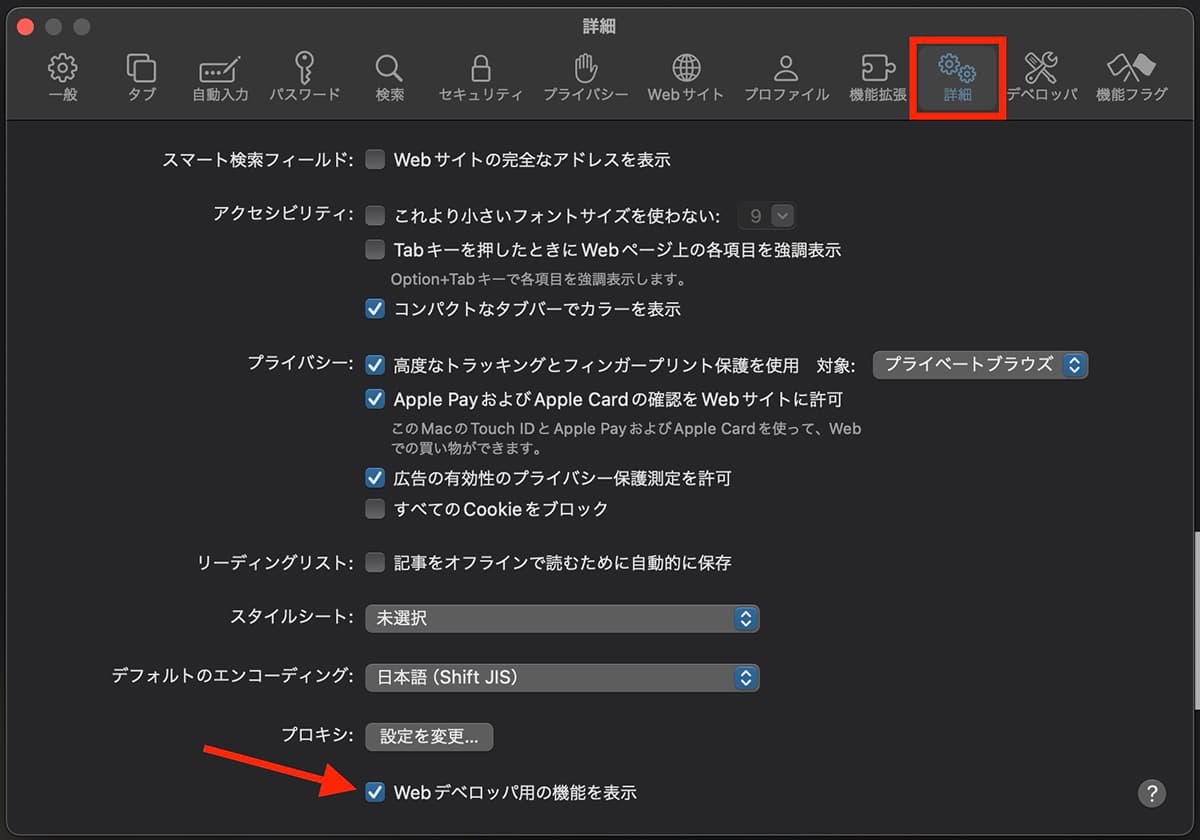 Safari設定：詳細→Webデベロッパ用の機能を表示にチェック